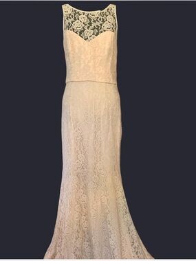 Amsale cream/ fawn lace evening gown with Illusion Yoke